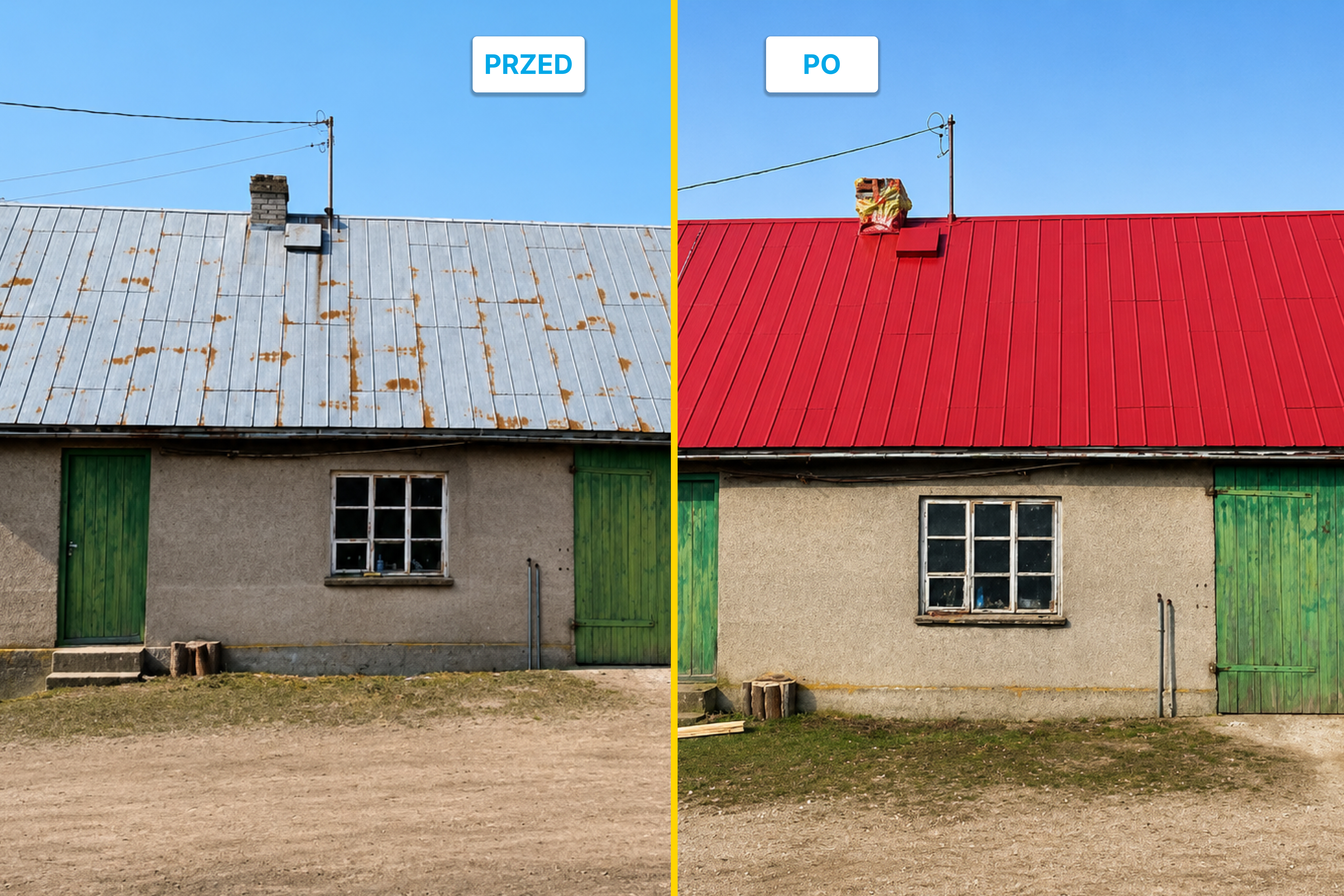 Porównanie realizacji malowania dachu 1 przed/po