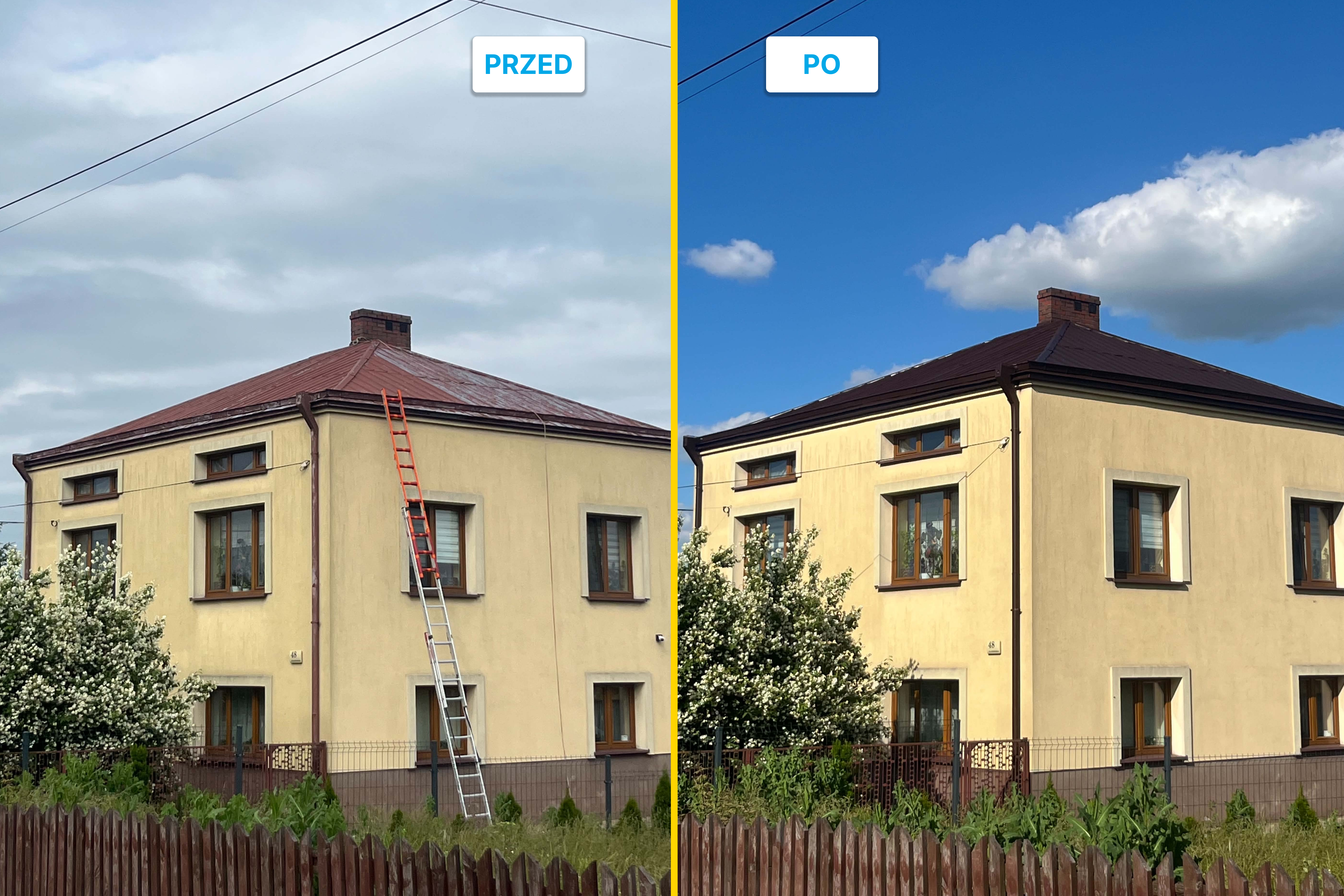 Porównanie realizacji malowania dachu 2 przed/po